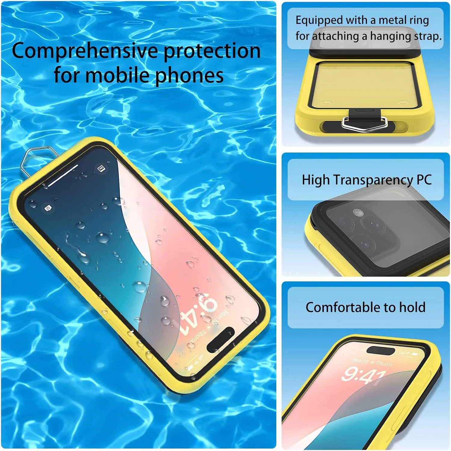 Waterproof Phone Case,Universal Self-Check Function Pouch Dry Bag,Underwater Photo & Video Protective Housing,Pool Beach Travel Essentials Snorkeling Case (Yellow, 6.1 inches)