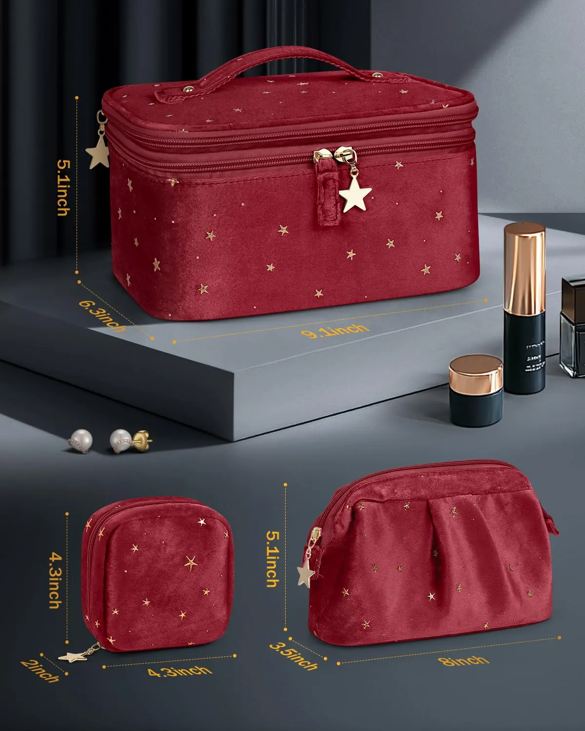 Wedama Makeup Bag, Double-layer Cosmetic Bag with Jewelry Storage and Brush Holders 3 Pcs Velvet Makeup Bag Set Travel Makeup Organizer Bags Portable Cosmetic Case Toiletry Bag for Women Girls, Red