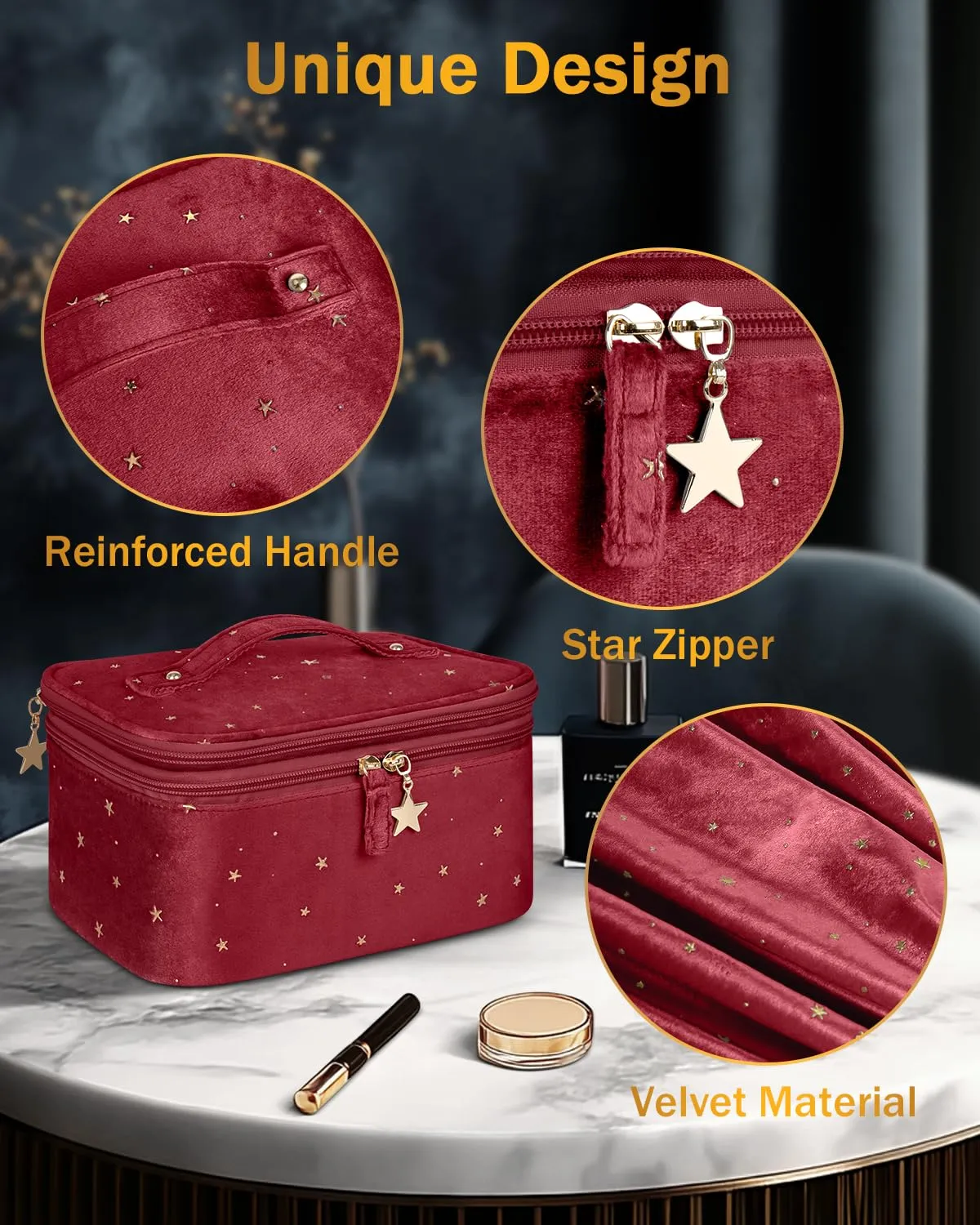 Wedama Makeup Bag, Double-layer Cosmetic Bag with Jewelry Storage and Brush Holders 3 Pcs Velvet Makeup Bag Set Travel Makeup Organizer Bags Portable Cosmetic Case Toiletry Bag for Women Girls, Red