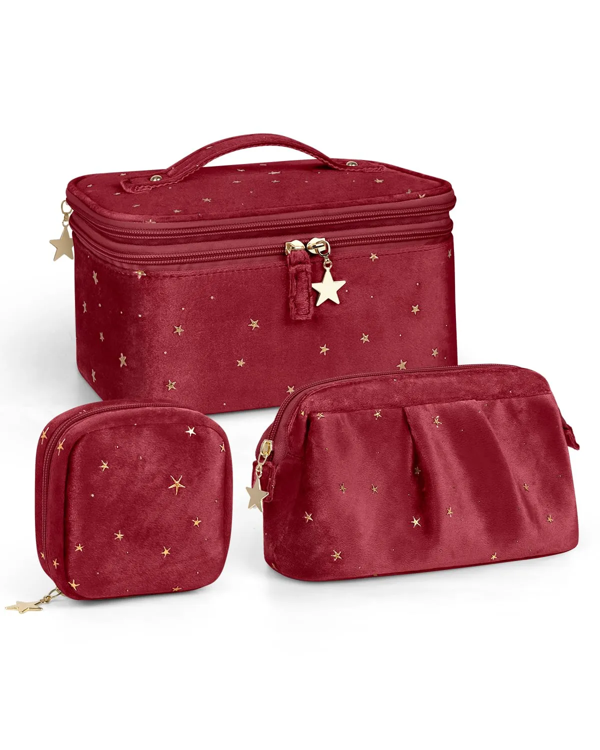 Wedama Makeup Bag, Double-layer Cosmetic Bag with Jewelry Storage and Brush Holders 3 Pcs Velvet Makeup Bag Set Travel Makeup Organizer Bags Portable Cosmetic Case Toiletry Bag for Women Girls, Red