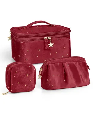 Wedama Makeup Bag, Double-layer Cosmetic Bag with Jewelry Storage and Brush Holders 3 Pcs Velvet Makeup Bag Set Travel Makeup Organizer Bags Portable Cosmetic Case Toiletry Bag for Women Girls, Red