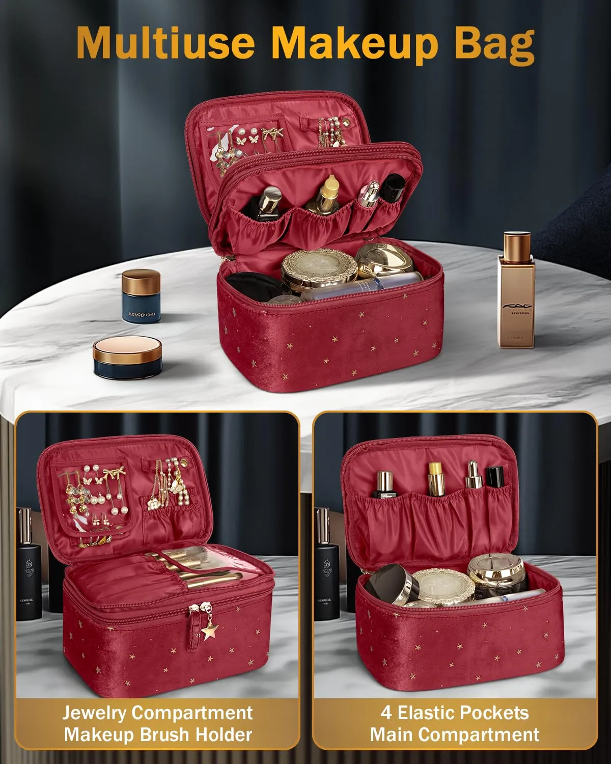 Wedama Makeup Bag, Double-layer Cosmetic Bag with Jewelry Storage and Brush Holders 3 Pcs Velvet Makeup Bag Set Travel Makeup Organizer Bags Portable Cosmetic Case Toiletry Bag for Women Girls, Red