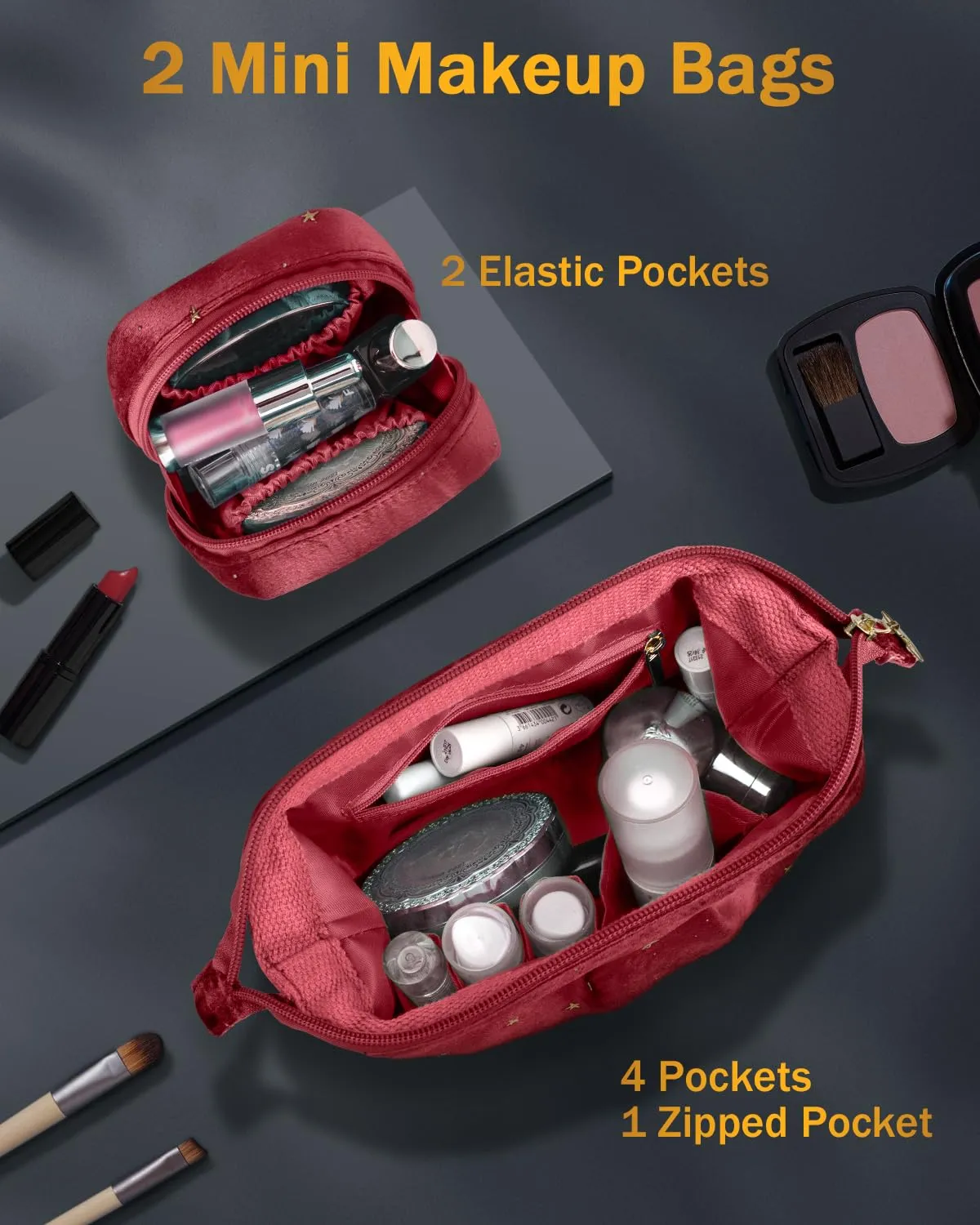 Wedama Makeup Bag, Double-layer Cosmetic Bag with Jewelry Storage and Brush Holders 3 Pcs Velvet Makeup Bag Set Travel Makeup Organizer Bags Portable Cosmetic Case Toiletry Bag for Women Girls, Red