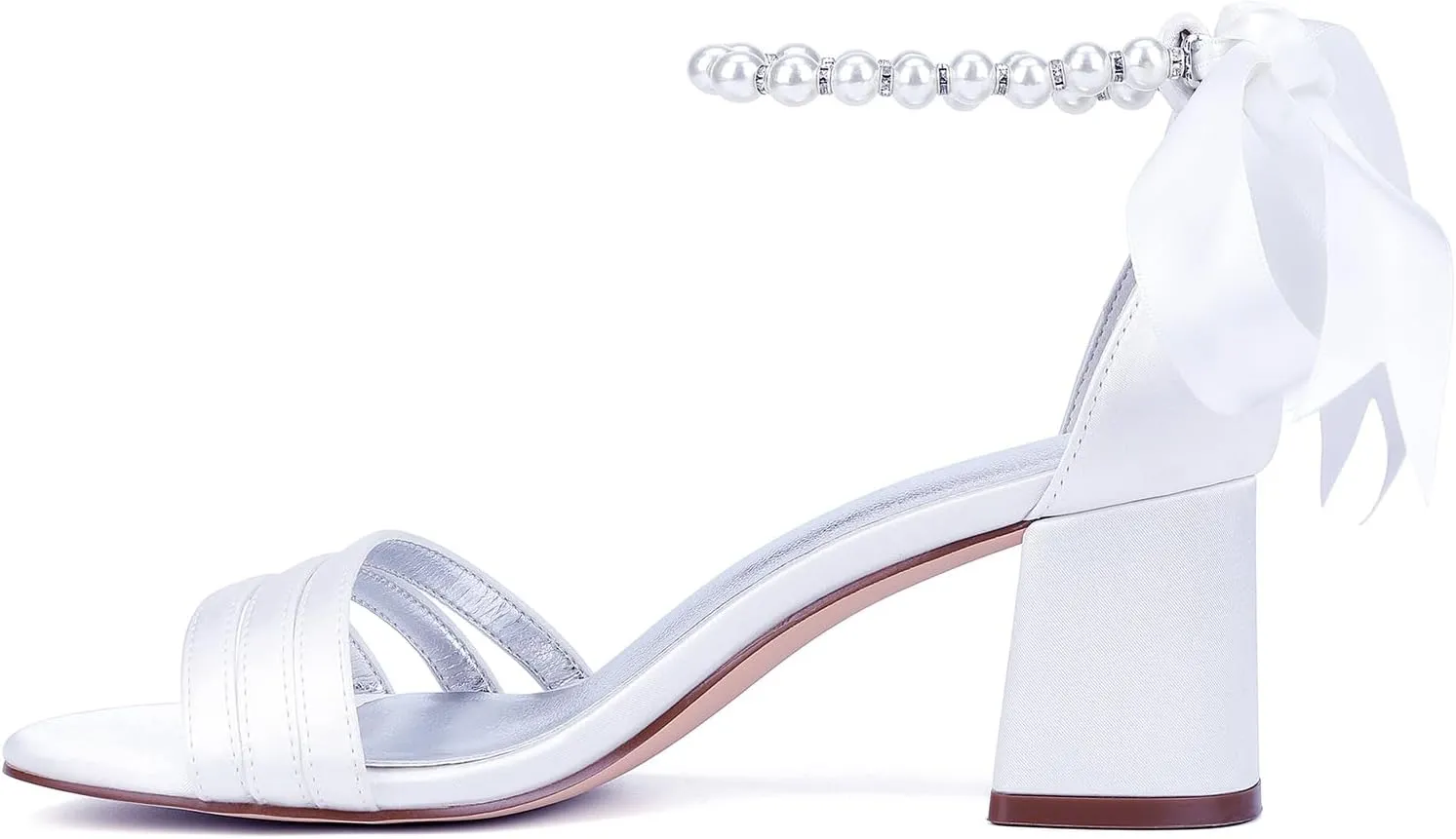 Wedding Heels Open Toe Ankle Buckle Strap Sandals 4CM Block Heels Pearl Bridal Pumps Bowknot Strap Evening Party Dress Shoes Satin