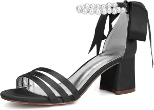 Wedding Heels Open Toe Ankle Buckle Strap Sandals 4CM Block Heels Pearl Bridal Pumps Bowknot Strap Evening Party Dress Shoes Satin