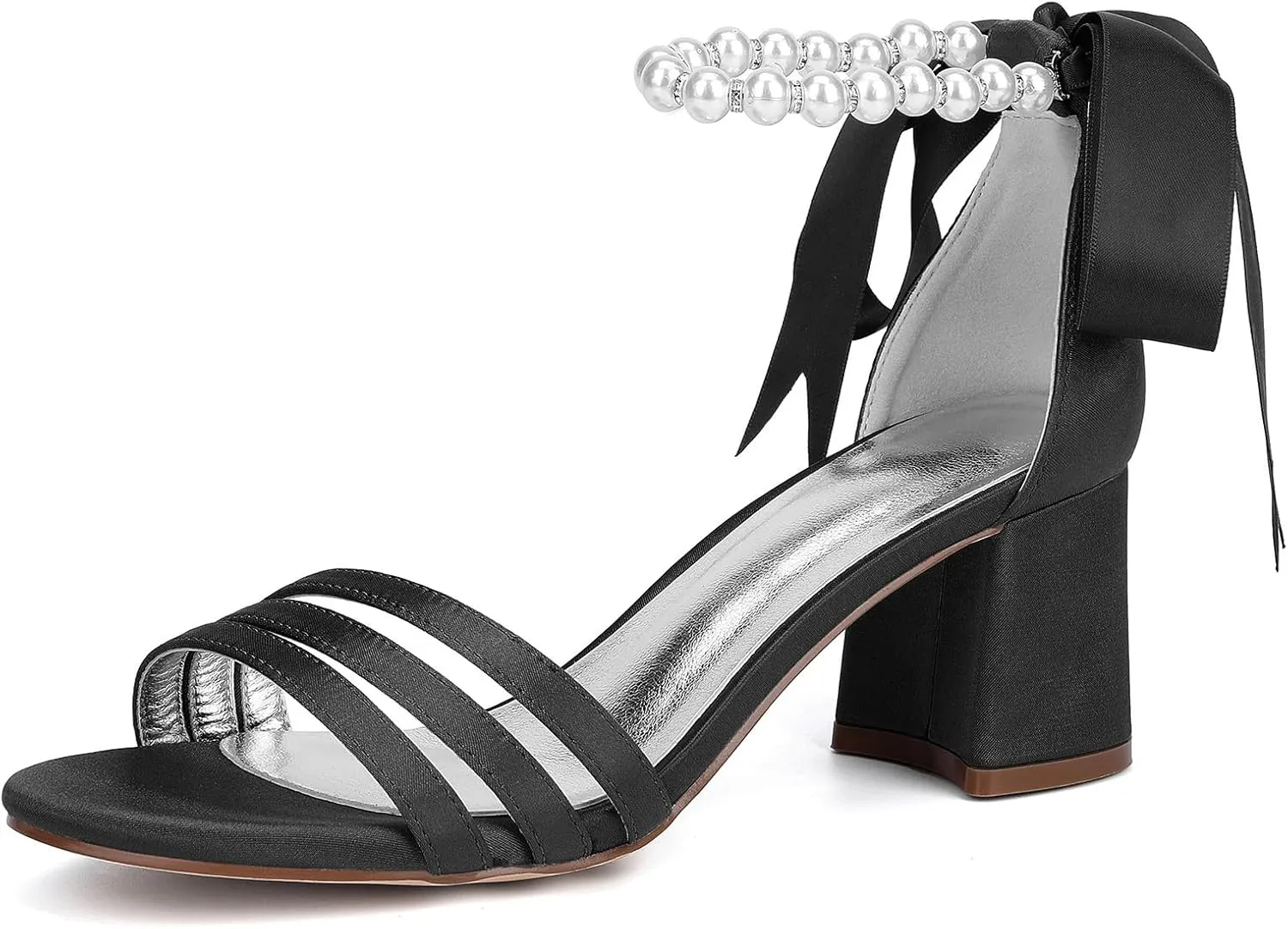 Wedding Heels Open Toe Ankle Buckle Strap Sandals 4CM Block Heels Pearl Bridal Pumps Bowknot Strap Evening Party Dress Shoes Satin