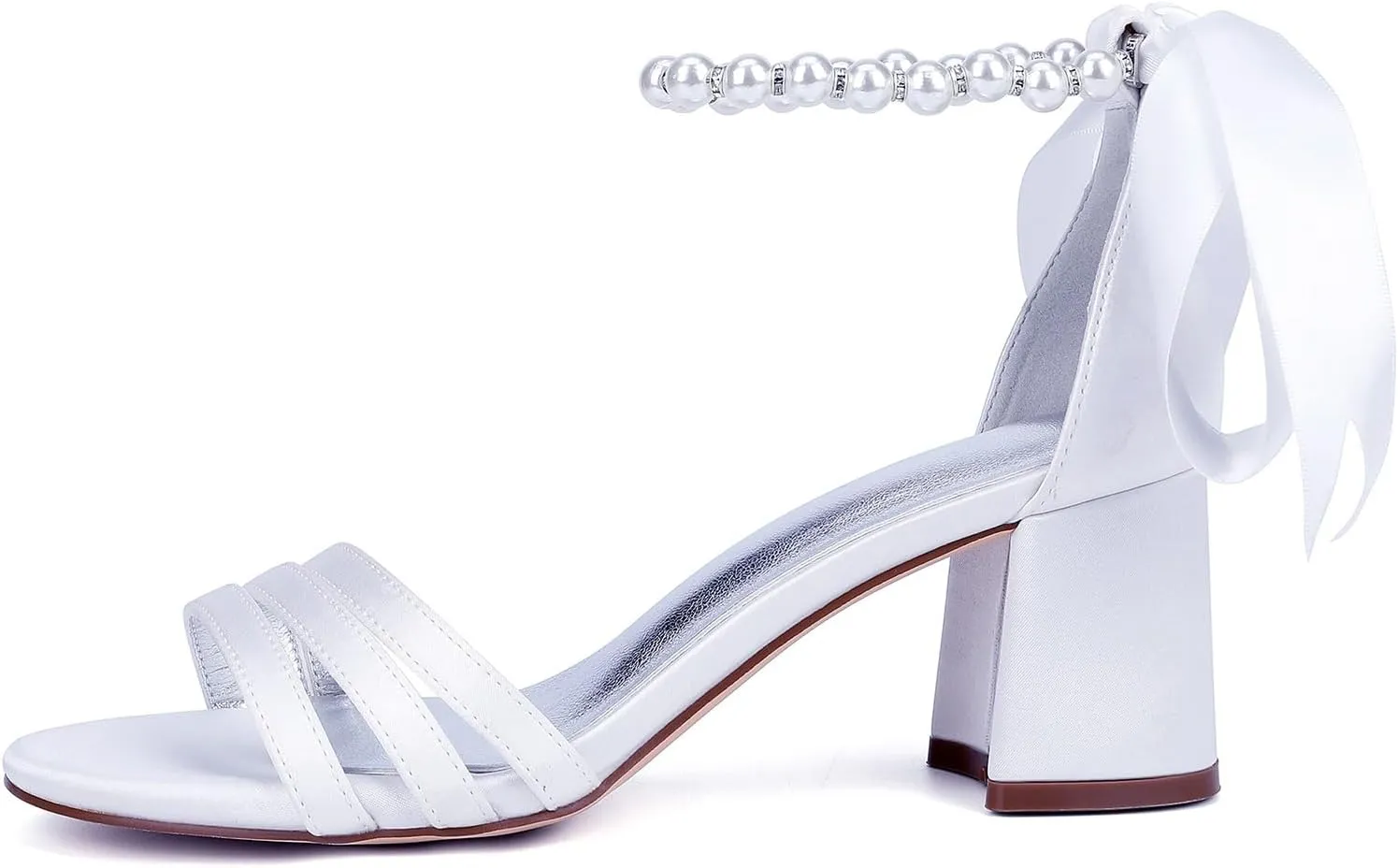 Wedding Heels Open Toe Ankle Buckle Strap Sandals 4CM Block Heels Pearl Bridal Pumps Bowknot Strap Evening Party Dress Shoes Satin