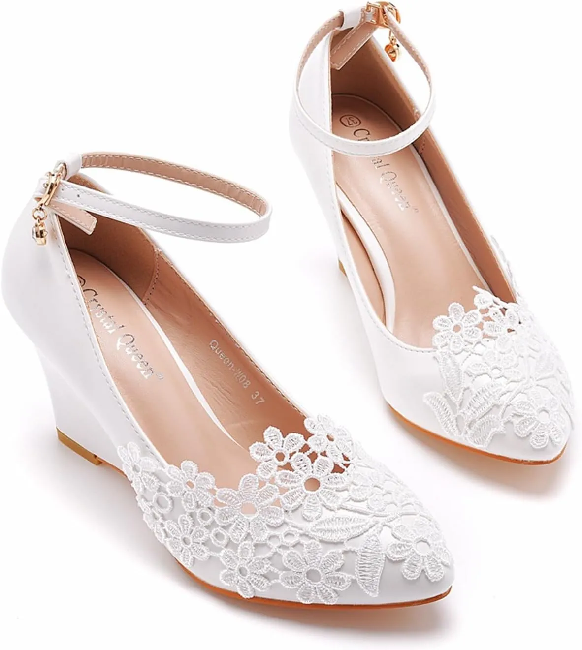 Wedding Shoes,Women's Lace Wedge Closed Toe Fashion Dress Shoes for Woman Lady in Bridal Dance Evening 7Cm