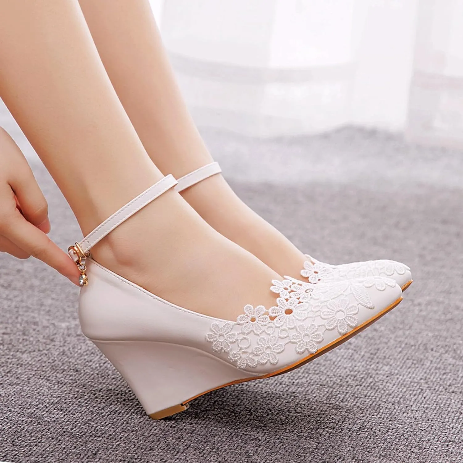 Wedding Shoes,Women's Lace Wedge Closed Toe Fashion Dress Shoes for Woman Lady in Bridal Dance Evening 7Cm