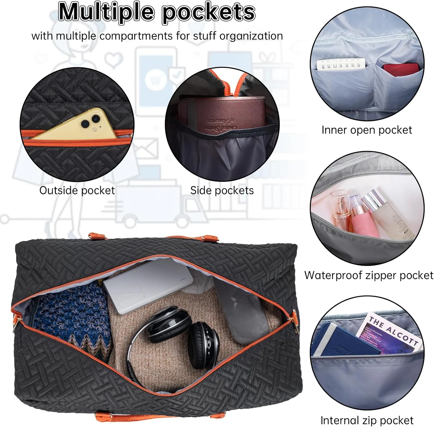 Weekender Bag for Women, 5 Pcs Set Carry on Overnight Bag, 23" Travel Duffel Bag with Waterproof Shoe Compartment