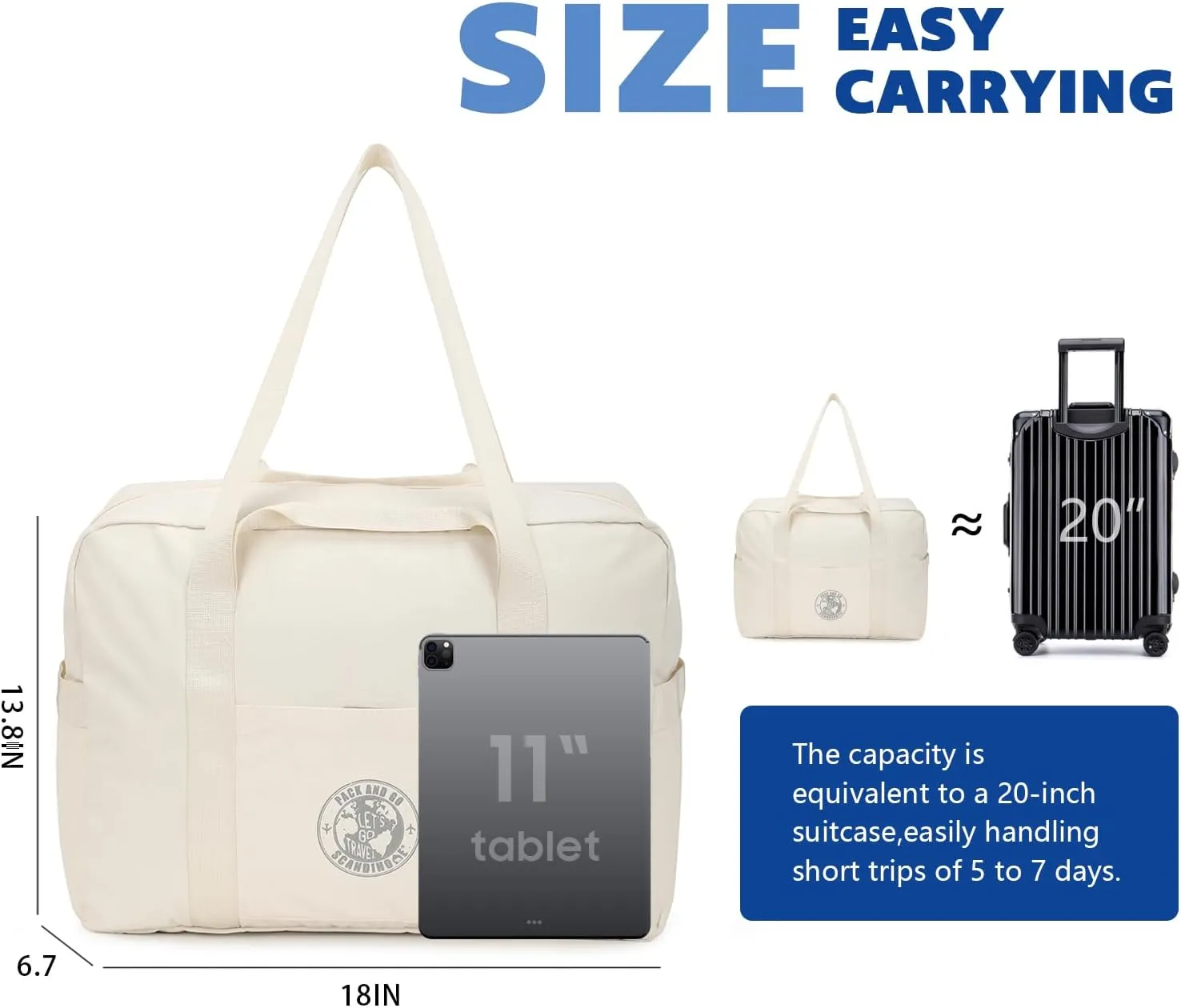 Weekender Bags for Women, Travel Duffel Bags, Water Resistant Personal Item/Carry Bag, Carry on Overnight Bag, Foldable Gym Bag for Travelling, Sports (Beige)