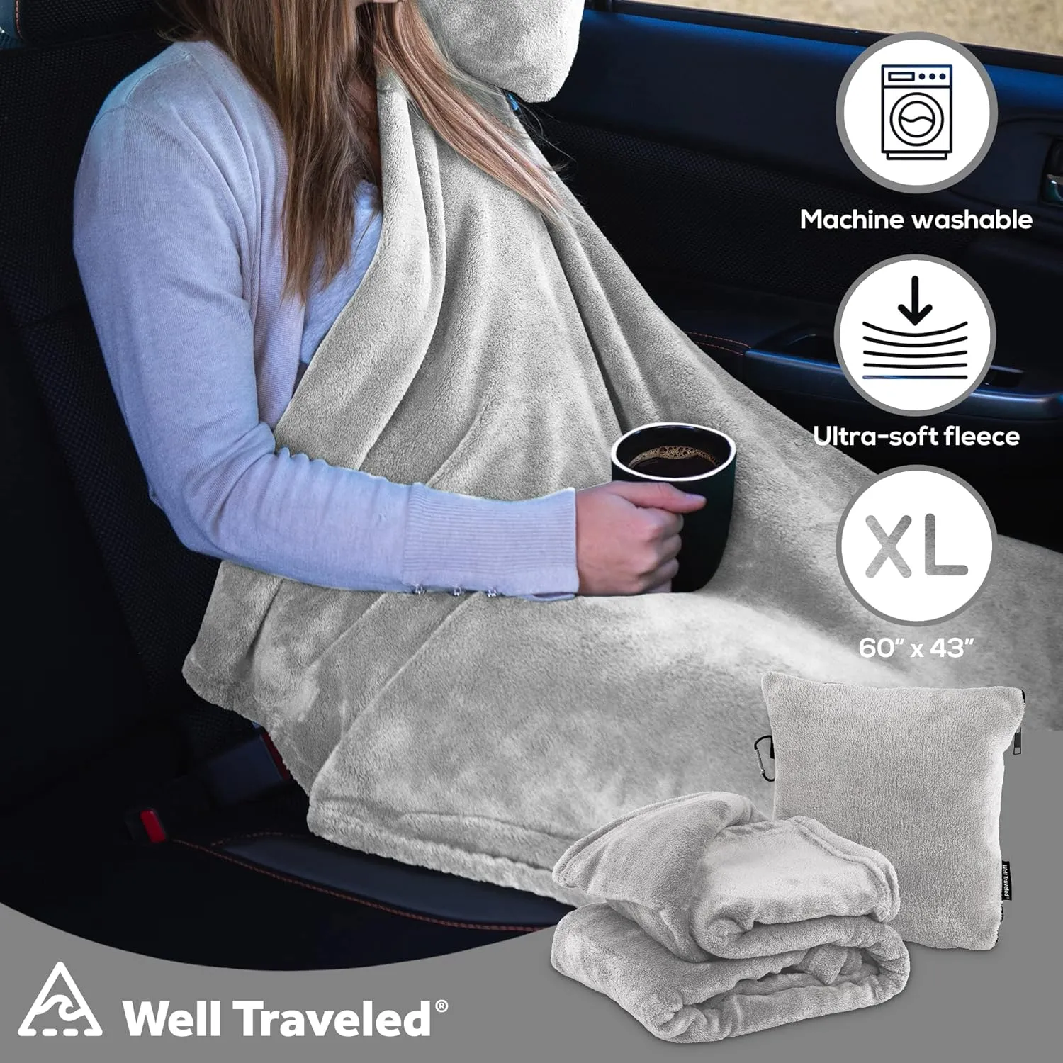 Well Traveled - 2 in 1 Fleece Travel Blanket with Stuffable Pillowcase for Air Travel - Convenient Design for Easy, Comfy Travel