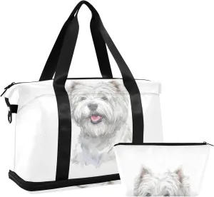 West Highland White Terrier Breed Dog Painting on White Foldable Travel Bag, Camping Luggage bag, Portable Gym Bag, Sports Bag, Toiletry Bag with Handles Adjustable Shoulder Strap