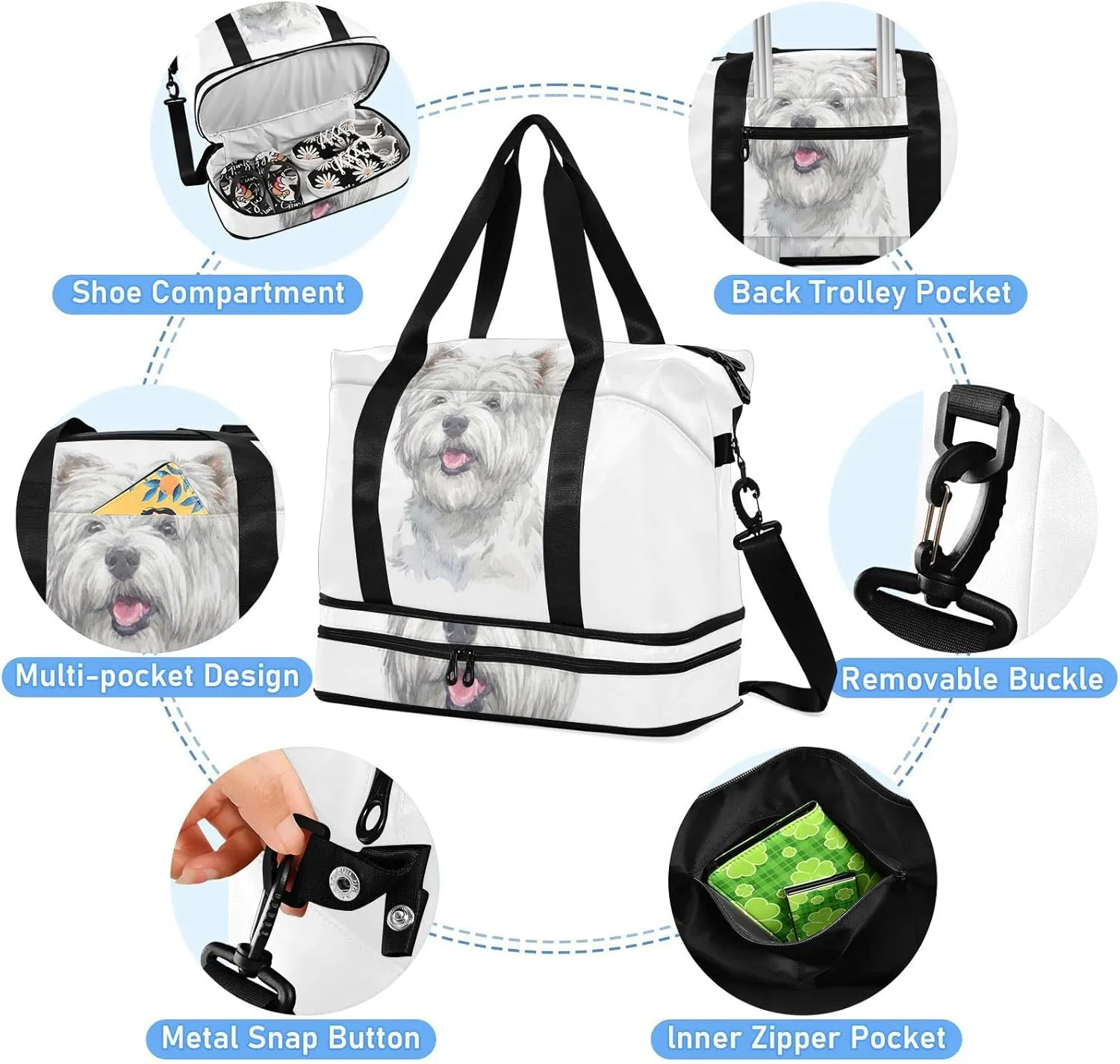 West Highland White Terrier Breed Dog Painting on White Foldable Travel Bag, Camping Luggage bag, Portable Gym Bag, Sports Bag, Toiletry Bag with Handles Adjustable Shoulder Strap