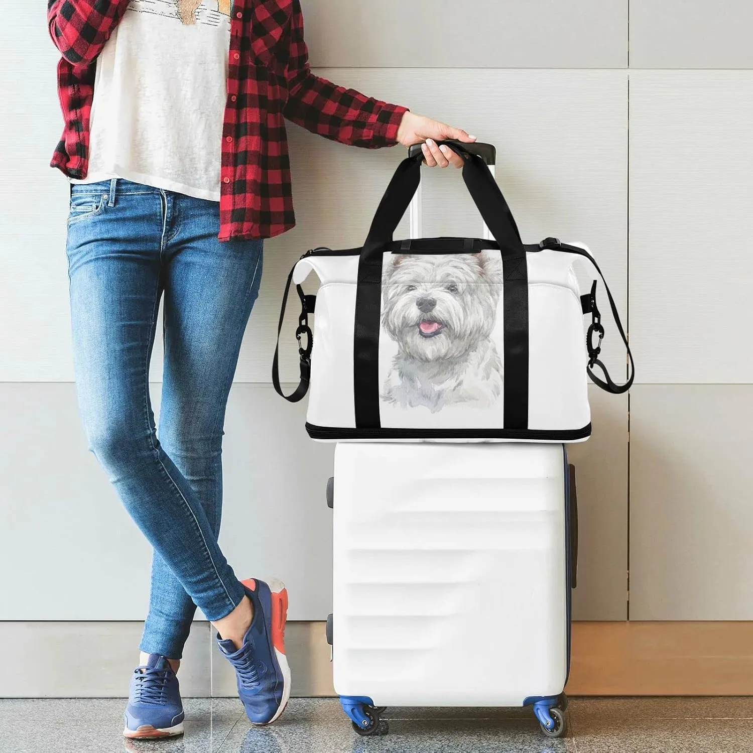 West Highland White Terrier Breed Dog Painting on White Foldable Travel Bag, Camping Luggage bag, Portable Gym Bag, Sports Bag, Toiletry Bag with Handles Adjustable Shoulder Strap