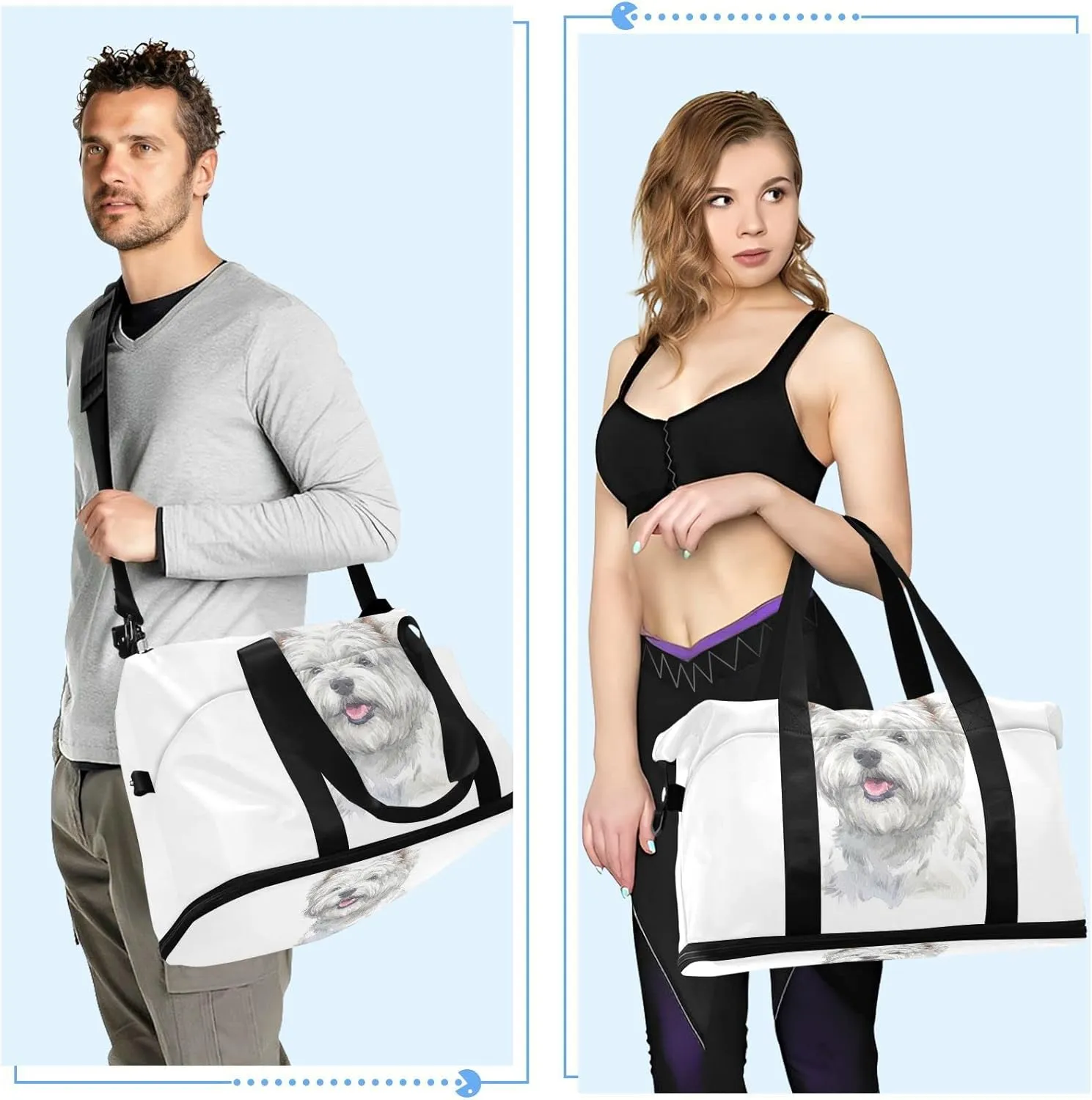 West Highland White Terrier Breed Dog Painting on White Foldable Travel Bag, Camping Luggage bag, Portable Gym Bag, Sports Bag, Toiletry Bag with Handles Adjustable Shoulder Strap