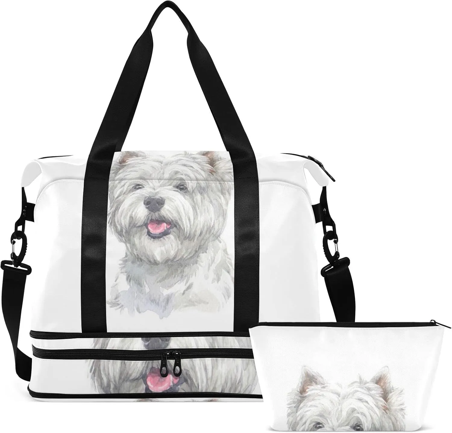 West Highland White Terrier Breed Dog Painting on White Foldable Travel Bag, Camping Luggage bag, Portable Gym Bag, Sports Bag, Toiletry Bag with Handles Adjustable Shoulder Strap