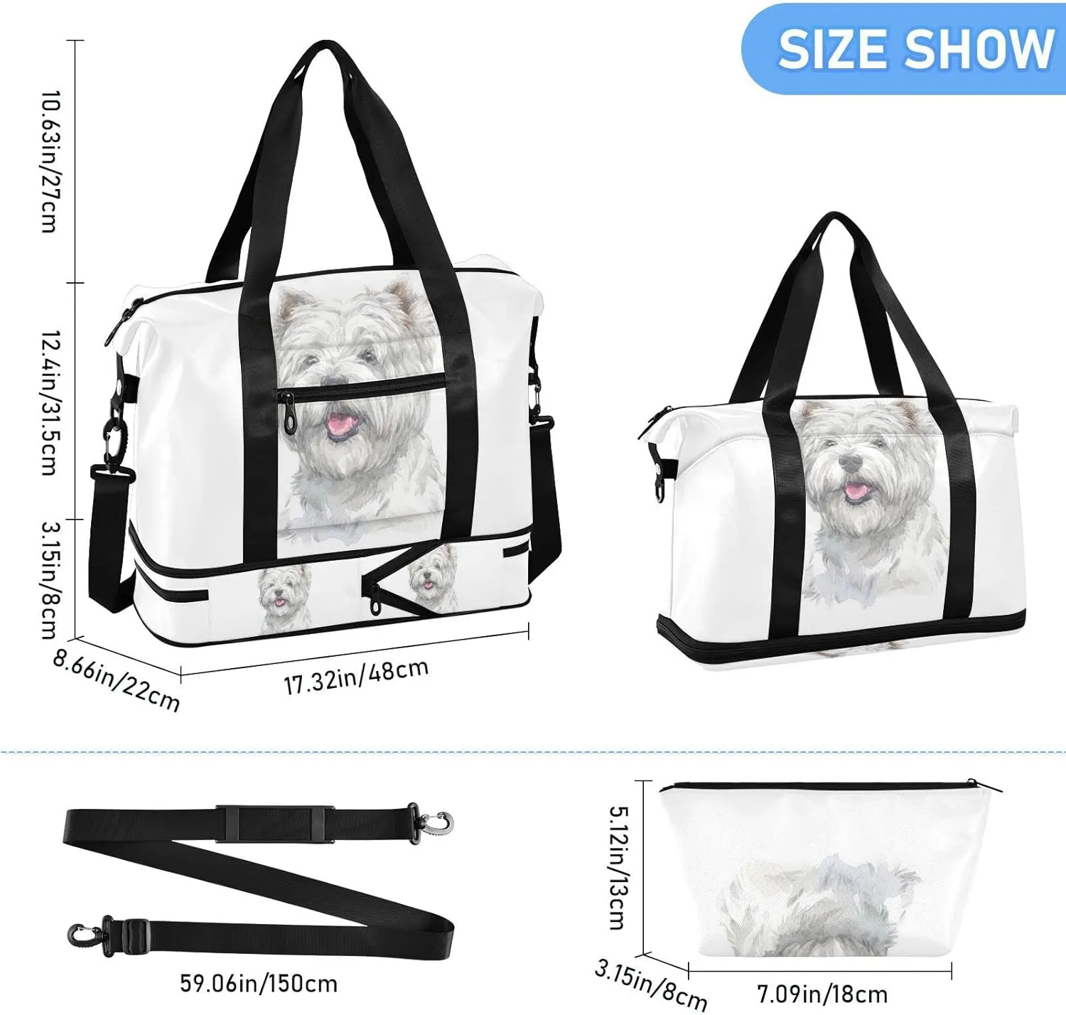 West Highland White Terrier Breed Dog Painting on White Foldable Travel Bag, Camping Luggage bag, Portable Gym Bag, Sports Bag, Toiletry Bag with Handles Adjustable Shoulder Strap