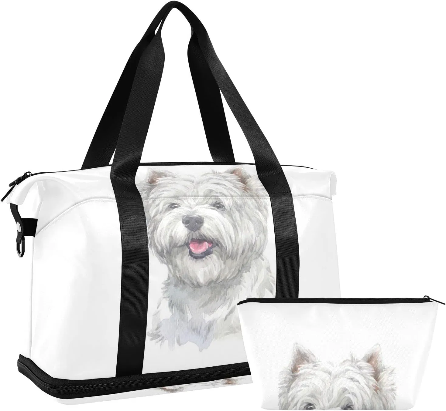 West Highland White Terrier Breed Dog Painting on White Foldable Travel Bag, Camping Luggage bag, Portable Gym Bag, Sports Bag, Toiletry Bag with Handles Adjustable Shoulder Strap