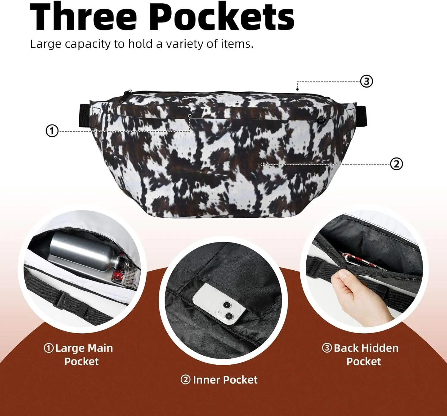 Western Large Fanny Pack for Men Women, Fashionable Waterproof Sports Crossbody Bags, Belt Bag for Travel Hiking Running (Balck Cowhide)
