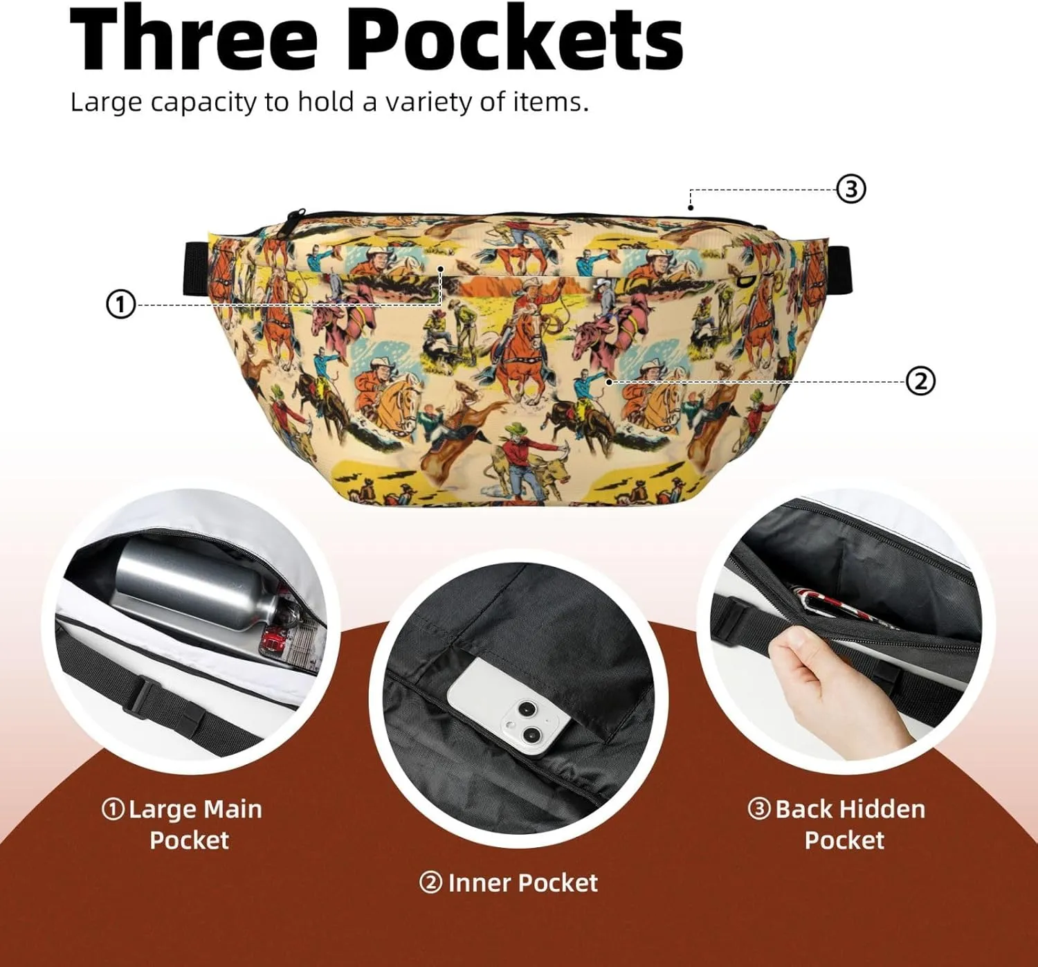 Western Large Fanny Pack for Men Women, Fashionable Waterproof Sports Crossbody Bags, Belt Bag for Travel Hiking Running (Western Collage)