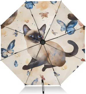 Windproof Travel Umbrella, Auto Open Close, Compact Umbrella for Travel, Backpack Purse Portable, Ideal for Women, Cute Cat Butterfly
