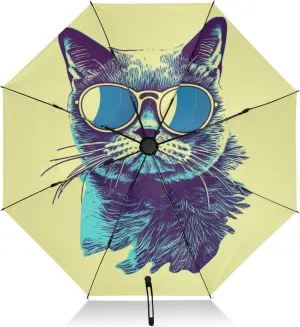 Windproof Travel Umbrella, Compact Umbrellas, Auto Open Close, Backpack Purse Portable, Ideal for Women, Cool Cat Yellow