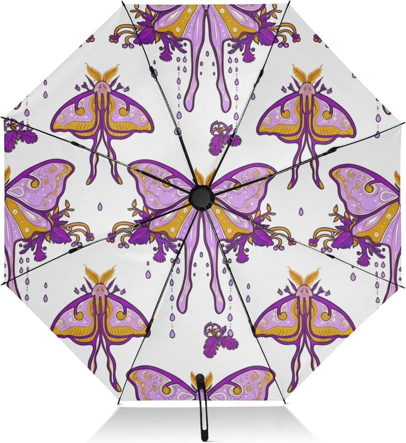 Windproof Travel Umbrella, Uv Umbrella Compact, Auto Open Close, Backpack Purse Portable, Ideal for Women, Purple Moth White