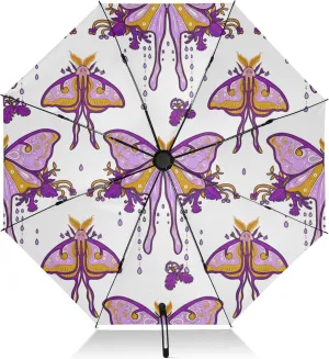 Windproof Travel Umbrella, Uv Umbrella Compact, Auto Open Close, Backpack Purse Portable, Ideal for Women, Purple Moth White
