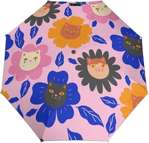 Windproof Travel Umbrellas for Rain,Cat Faces Flowers Pink Durable & Compact Umbrella-Waterproof Canopy for Backpack, Purse, Portable, Umbrella for Travel