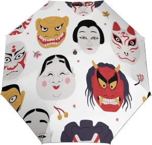Windproof Travel Umbrellas for Rain,Japanese Kabuki Theater Masks Durable & Compact Umbrella-Waterproof Canopy for Backpack, Purse, Portable, Umbrella for Travel