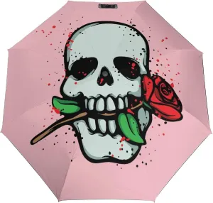 Windproof Travel Umbrellas for Rain,Skull Red Rose Pink Durable & Compact Umbrella-Waterproof Canopy for Backpack, Purse, Portable, Umbrella for Travel