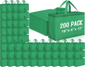 Windyun 200 Pcs Reusable Grocery Bags Large Non Woven Shopping Bags Foldable Portable Tote Carryall Bulk (Green,16x6x12 Inch)