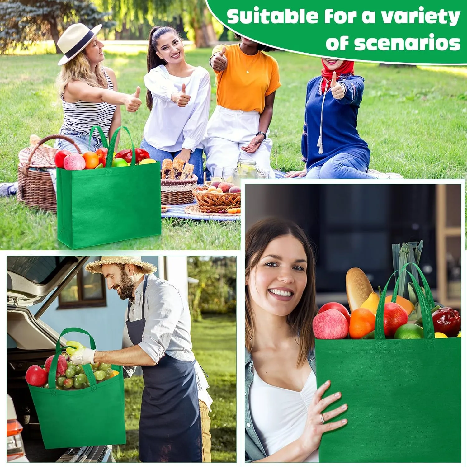 Windyun 200 Pcs Reusable Grocery Bags Large Non Woven Shopping Bags Foldable Portable Tote Carryall Bulk (Green,16x6x12 Inch)
