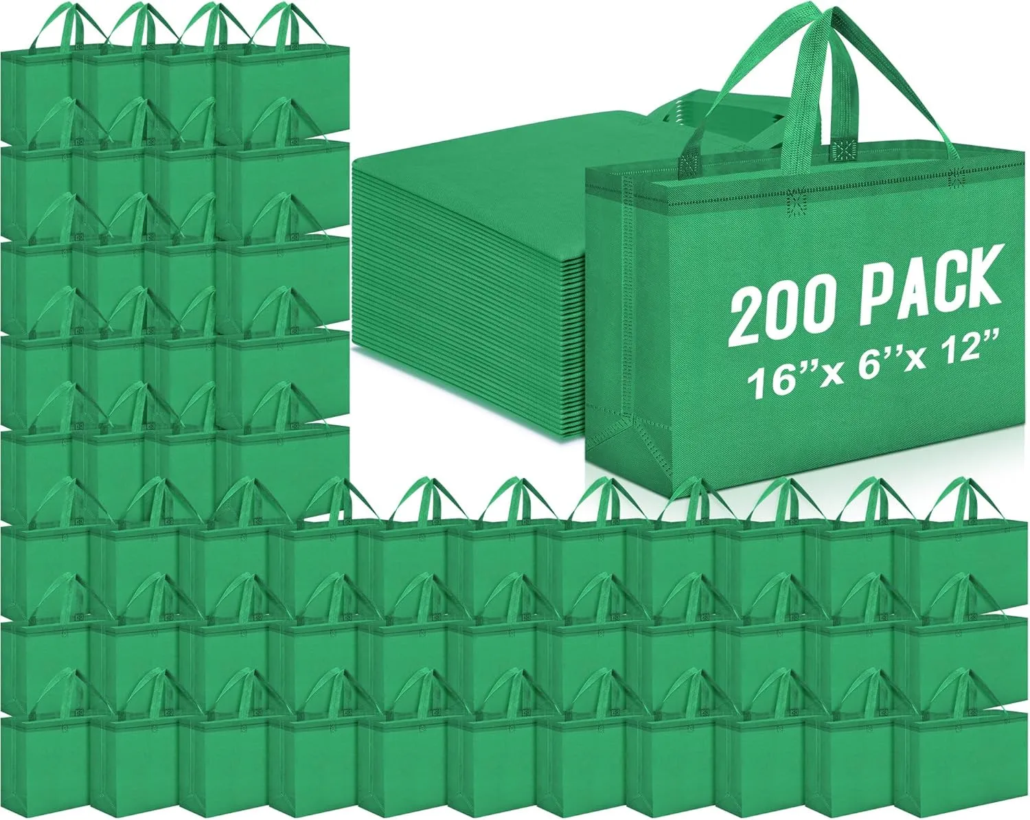 Windyun 200 Pcs Reusable Grocery Bags Large Non Woven Shopping Bags Foldable Portable Tote Carryall Bulk (Green,16x6x12 Inch)