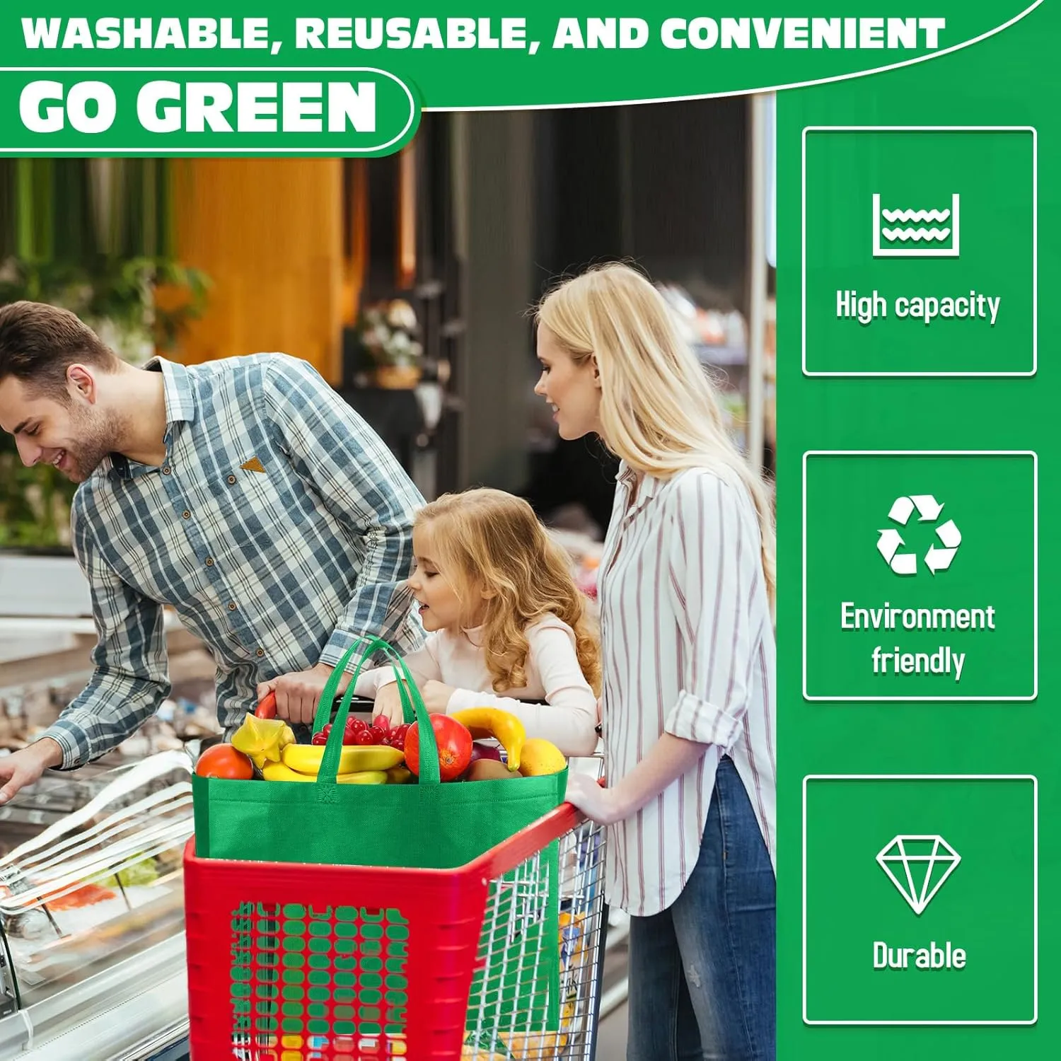 Windyun 200 Pcs Reusable Grocery Bags Large Non Woven Shopping Bags Foldable Portable Tote Carryall Bulk (Green,16x6x12 Inch)