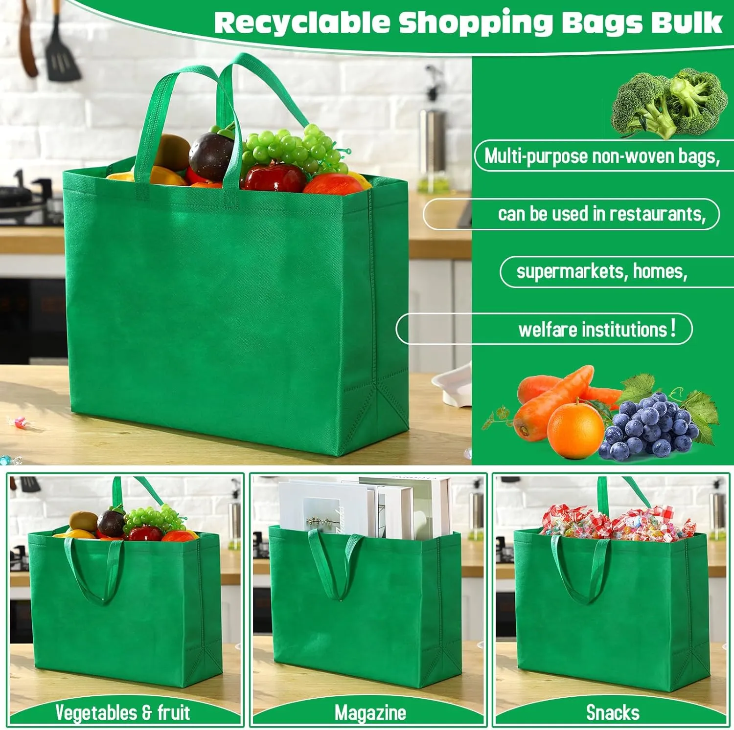 Windyun 200 Pcs Reusable Grocery Bags Large Non Woven Shopping Bags Foldable Portable Tote Carryall Bulk (Green,16x6x12 Inch)