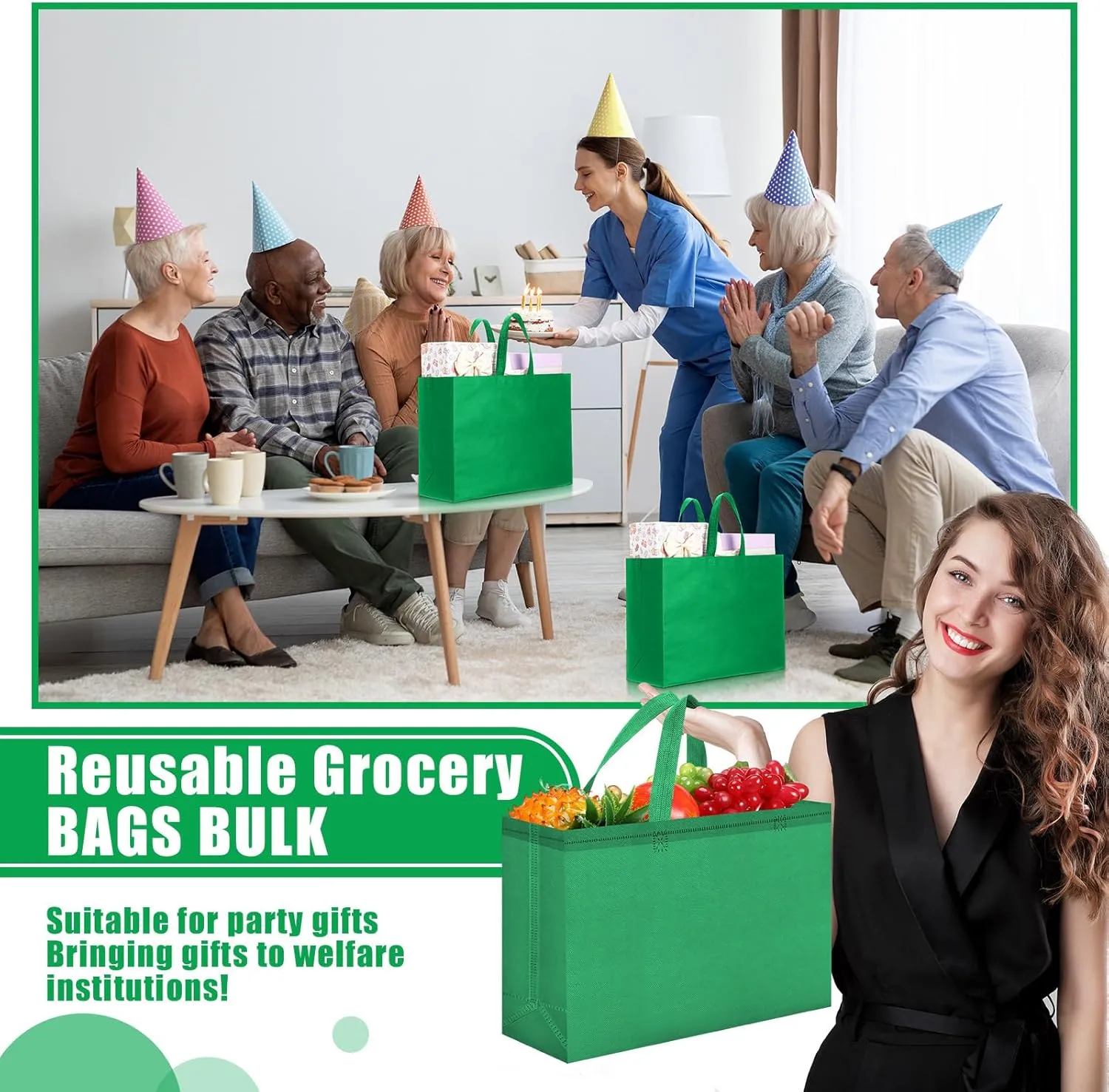 Windyun 200 Pcs Reusable Grocery Bags Large Non Woven Shopping Bags Foldable Portable Tote Carryall Bulk (Green,16x6x12 Inch)
