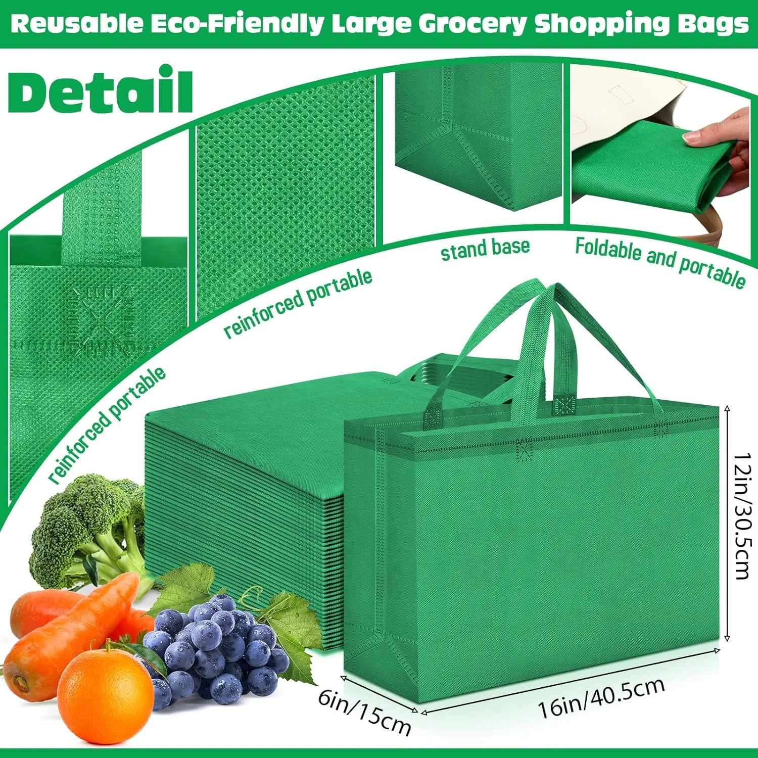 Windyun 200 Pcs Reusable Grocery Bags Large Non Woven Shopping Bags Foldable Portable Tote Carryall Bulk (Green,16x6x12 Inch)