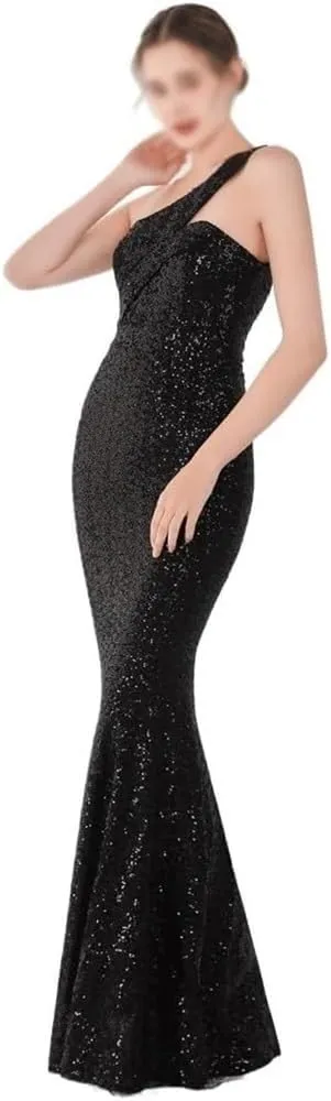 Women Black Sequin Mermaid Evening Dresses Sexy Off Shoulder Floor Length Formal Gown Simple Elegant Party Wedding Dress