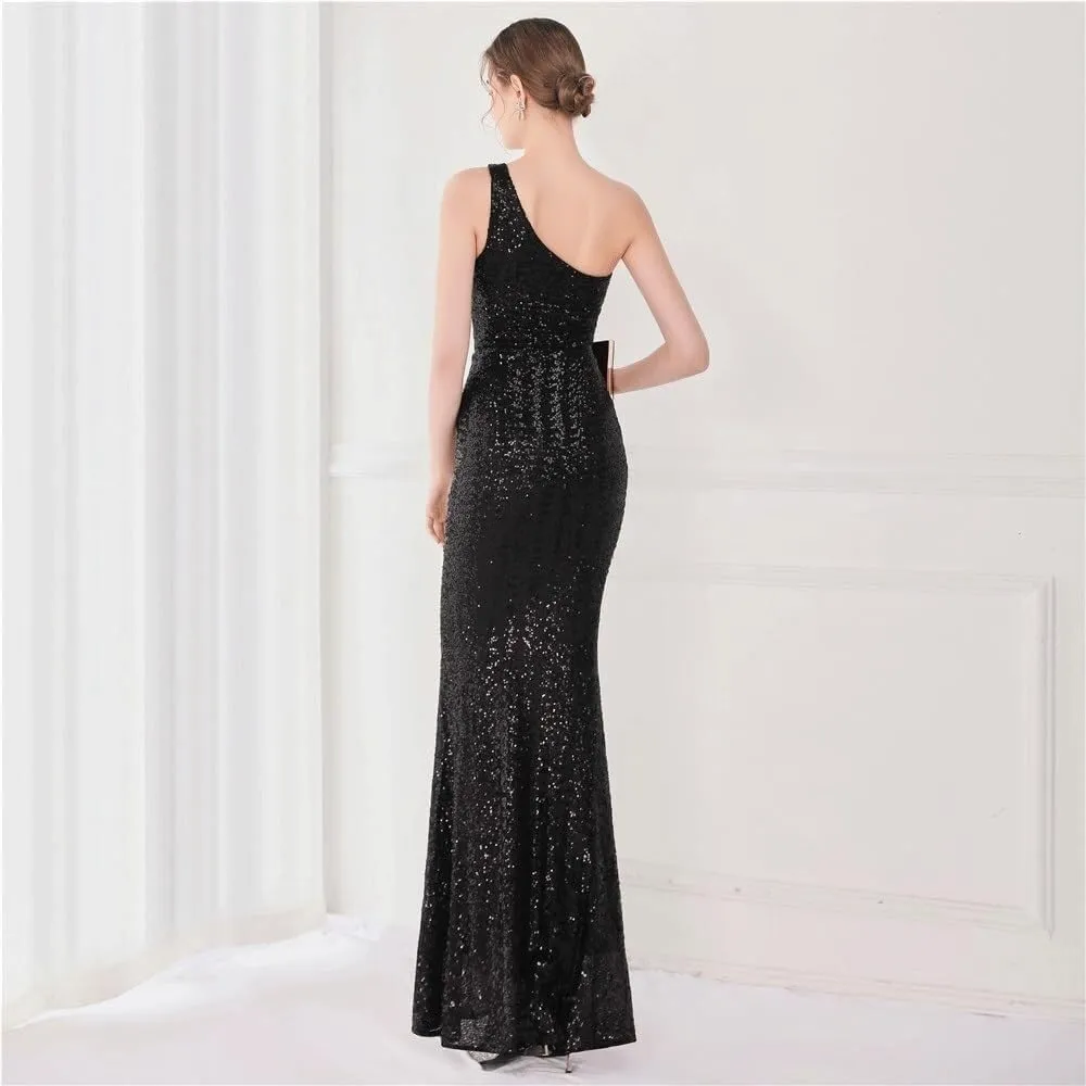 Women Black Sequin Mermaid Evening Dresses Sexy Off Shoulder Floor Length Formal Gown Simple Elegant Party Wedding Dress