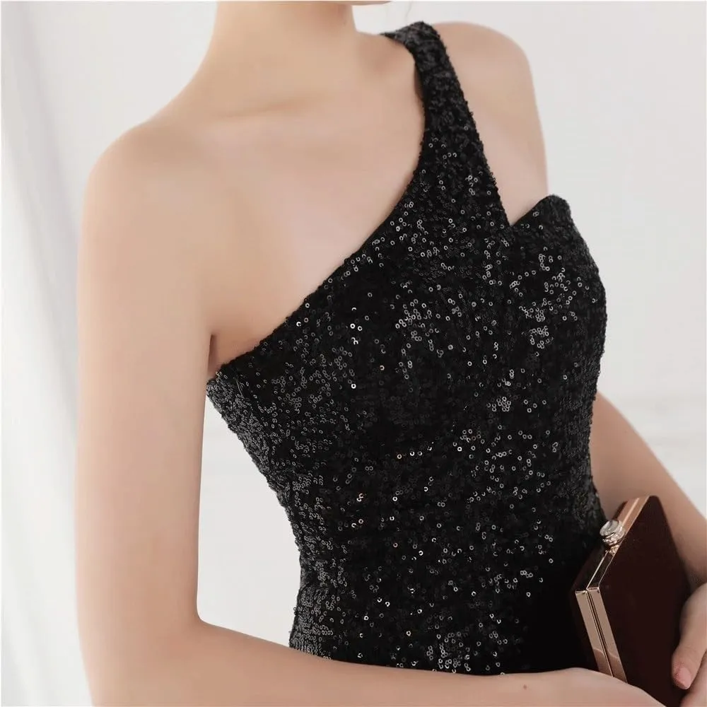 Women Black Sequin Mermaid Evening Dresses Sexy Off Shoulder Floor Length Formal Gown Simple Elegant Party Wedding Dress