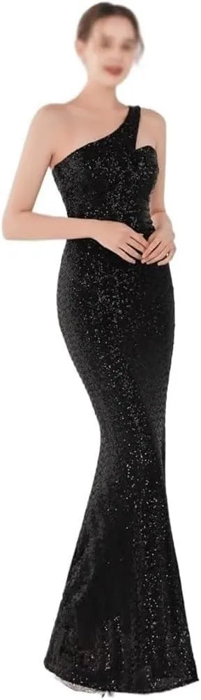 Women Black Sequin Mermaid Evening Dresses Sexy Off Shoulder Floor Length Formal Gown Simple Elegant Party Wedding Dress