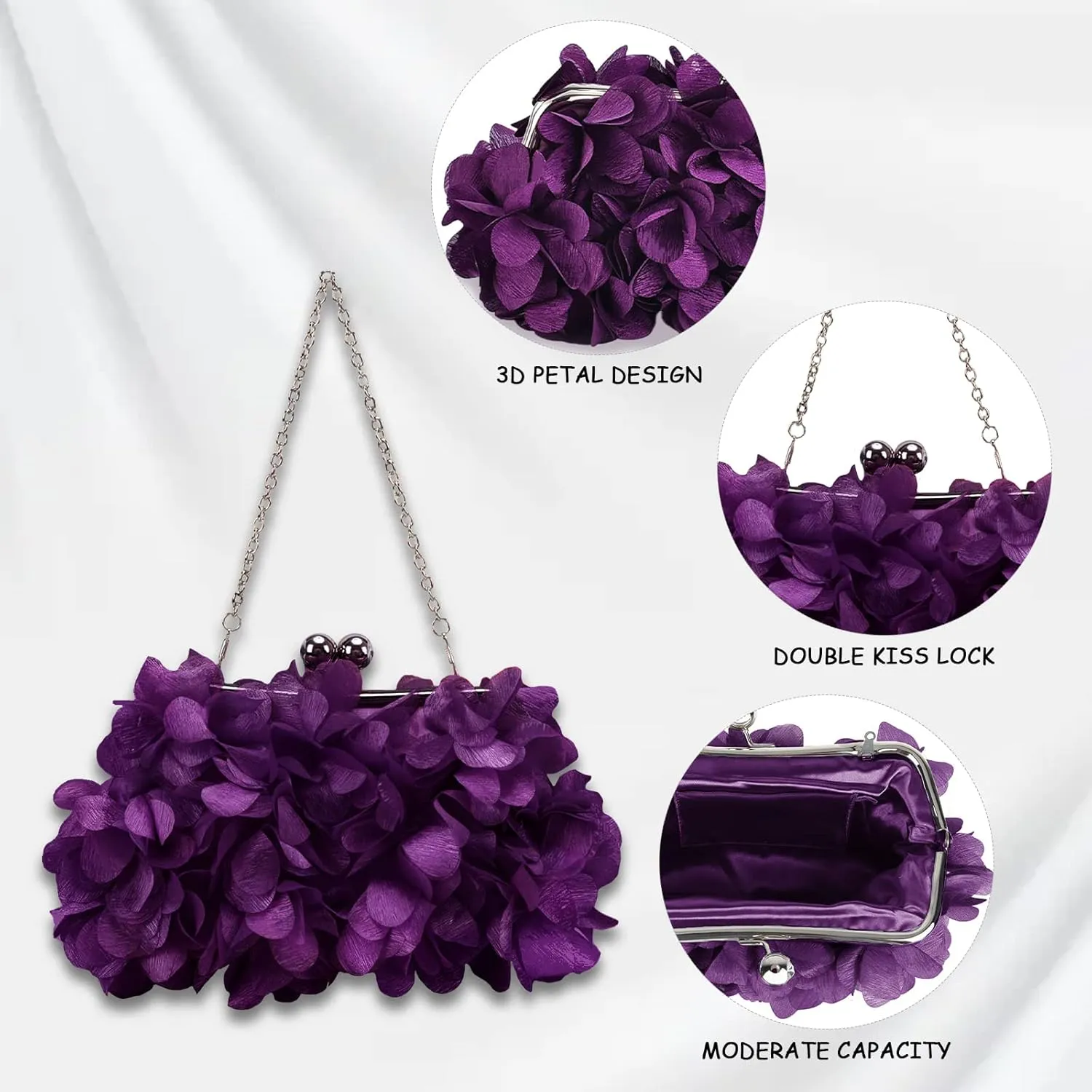 Women Elegant Evening Purse, Small Floral Clutch Bag with Detachable Chain for Wedding, Party, Prom