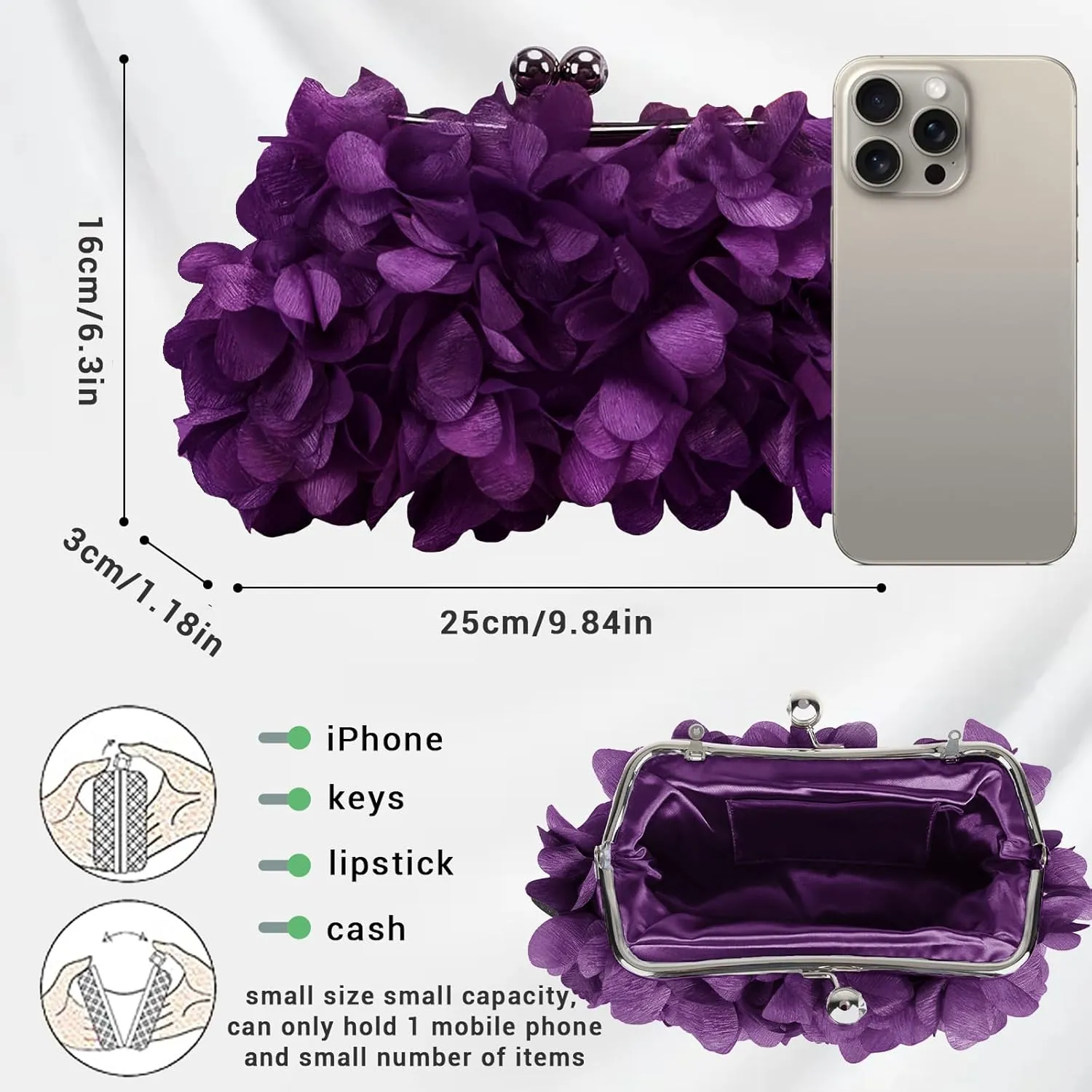 Women Elegant Evening Purse, Small Floral Clutch Bag with Detachable Chain for Wedding, Party, Prom