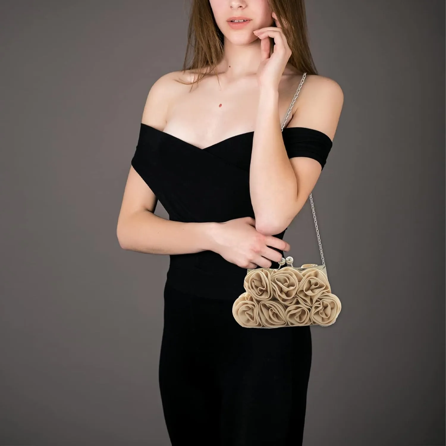 Women Evening Clutch Bag Floral Satin Small Purses with Detachable Strap for Wedding, Party, Prom