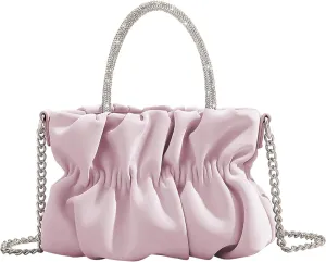 Women Evening Purse Handbags Rhinestone Handle Soft Leather Ruched Bag Bridal Clutch Wedding Party Crossbody Bag