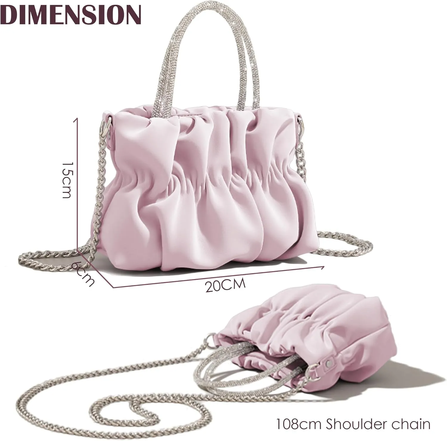 Women Evening Purse Handbags Rhinestone Handle Soft Leather Ruched Bag Bridal Clutch Wedding Party Crossbody Bag