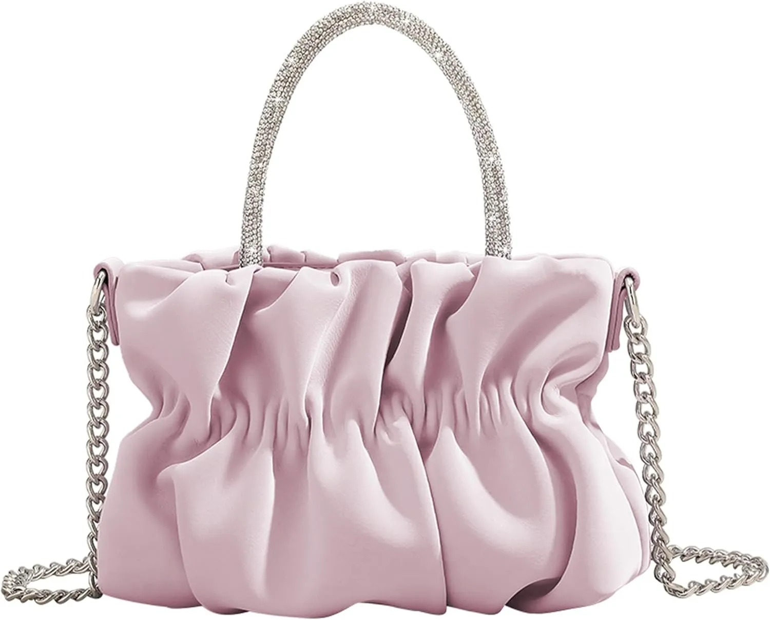 Women Evening Purse Handbags Rhinestone Handle Soft Leather Ruched Bag Bridal Clutch Wedding Party Crossbody Bag