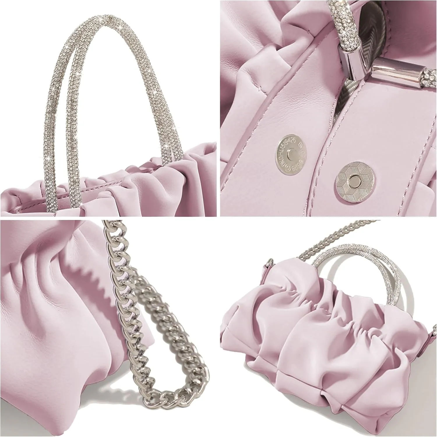 Women Evening Purse Handbags Rhinestone Handle Soft Leather Ruched Bag Bridal Clutch Wedding Party Crossbody Bag